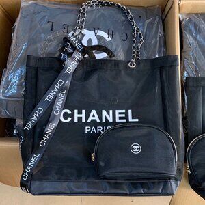 Chanel beauty mesh vip tote w silver hardware chain handbag  + pouch